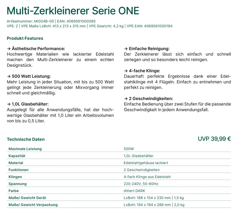 Dittert Multi-Zerkleinerer, 1l 500W Glasbehälter
