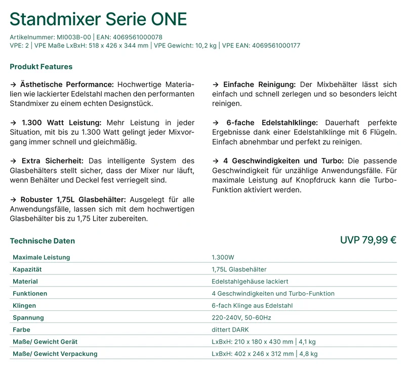 DITTERT Standmixer Serie ONE 1300W 1,75L Glasbehälter