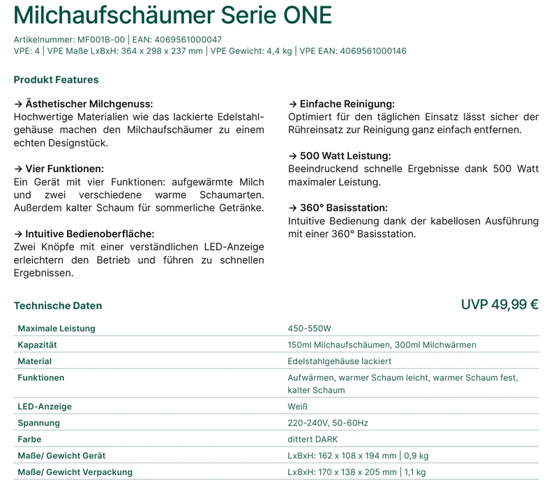 Dittert Milchaufschäumer Serie ONE - 4in1 Elektrischer Milchschäumer 500W