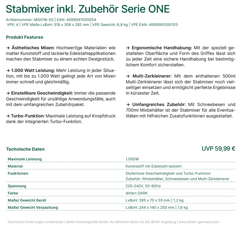 Dittert Stabmixer Serie ONE 1000W inkl. Zubehör