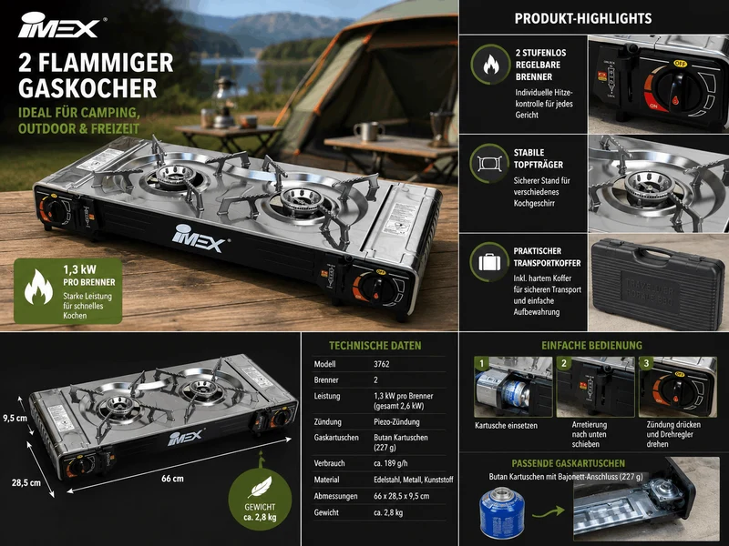 2 flammig Edelstahl Gaskocher Campingkocher Outdoor mit Grillaufsatz und Koffer