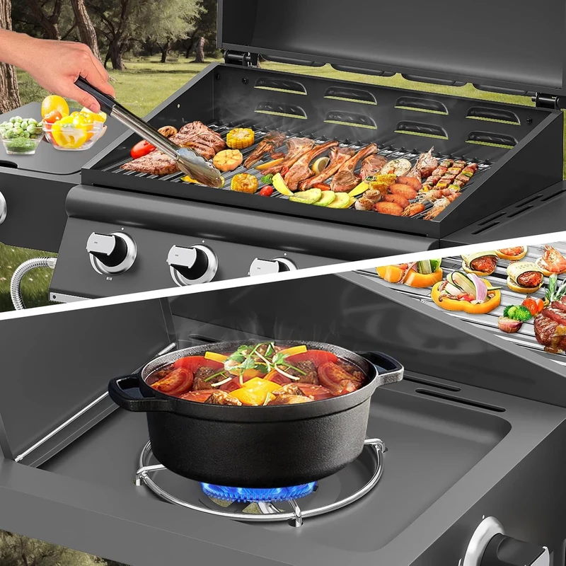 Gasgrill 15KW Brenner BBQ Grillwagen mit Seitenkocher mit Zubehör