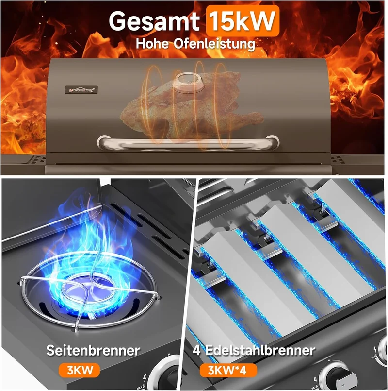Gasgrill 15KW Brenner BBQ Grillwagen mit Seitenkocher mit Zubehör
