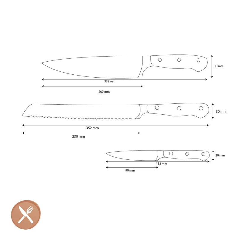 Wüsthof - Classic Ikon 3-teiliges Messerset - Kochmesser + Brotmesser + Officemesser