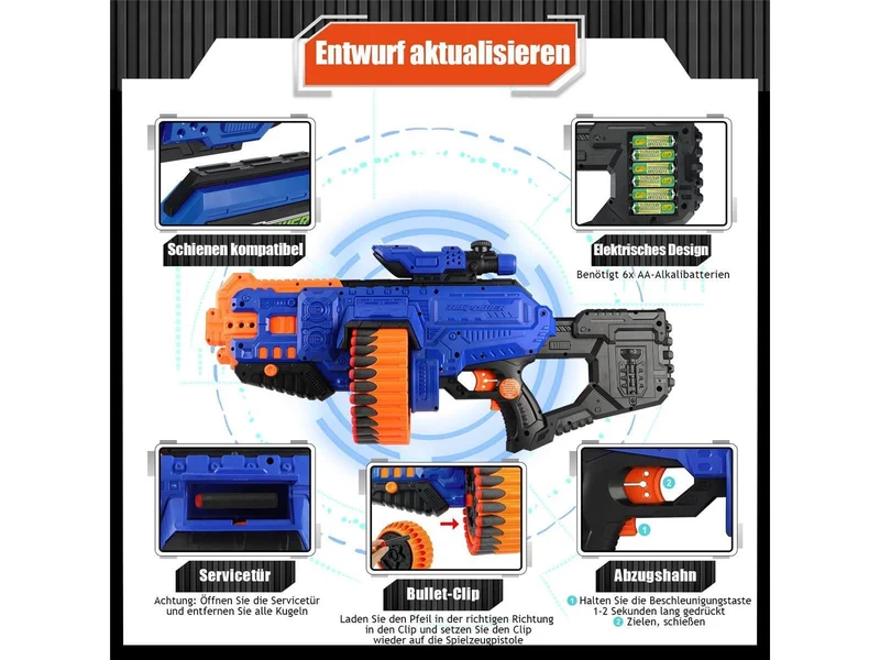 Bigpower Electric Automatisch Blaster Gun 30-Dart Rotating Drum Spielzeug Pistole für Jungen 8-12+ Elektrische Schaumstoff Dart Blaster mit 100 Darts Kompatibel mit der Primärmarke