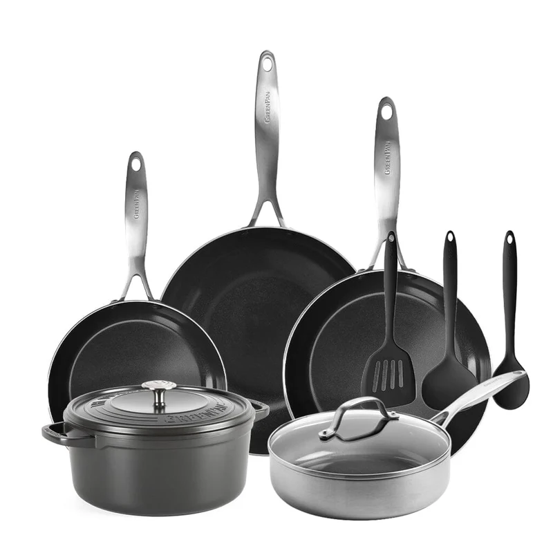 GreenPan - Geneva All You Need 9-teiliges Pfannenset 18/24/24/28/28 cm - 2 Bratpfannen + Kasserolle mit Deckel + Wok + Bräter + 3-teiliges Spatelset