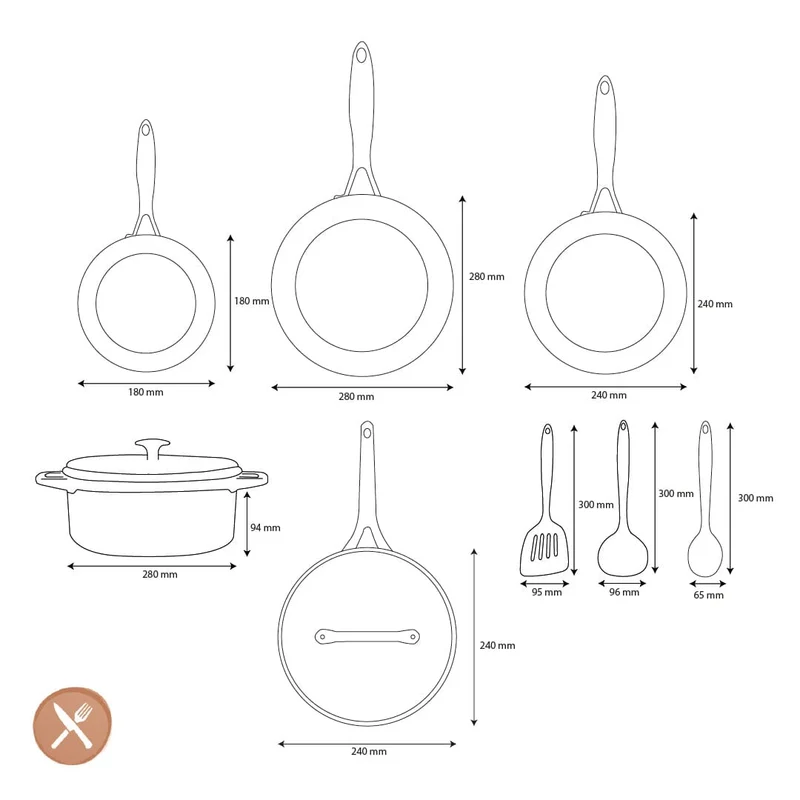 GreenPan - Geneva All You Need 9-teiliges Pfannenset 18/24/24/28/28 cm - 2 Bratpfannen + Kasserolle mit Deckel + Wok + Bräter + 3-teiliges Spatelset