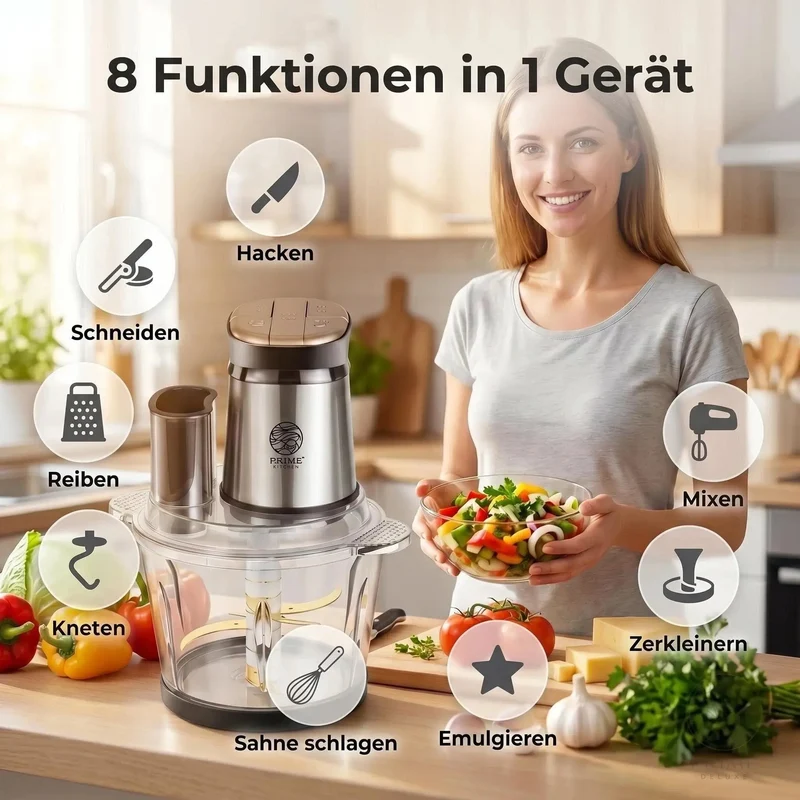 Prime Kitchen Multifunktions-Zerkleinerer aus Glas – Elektrischer Küchenzerkleinerer 3L / 5L mit 3 Geschwindigkeiten & Pulsfunktion
