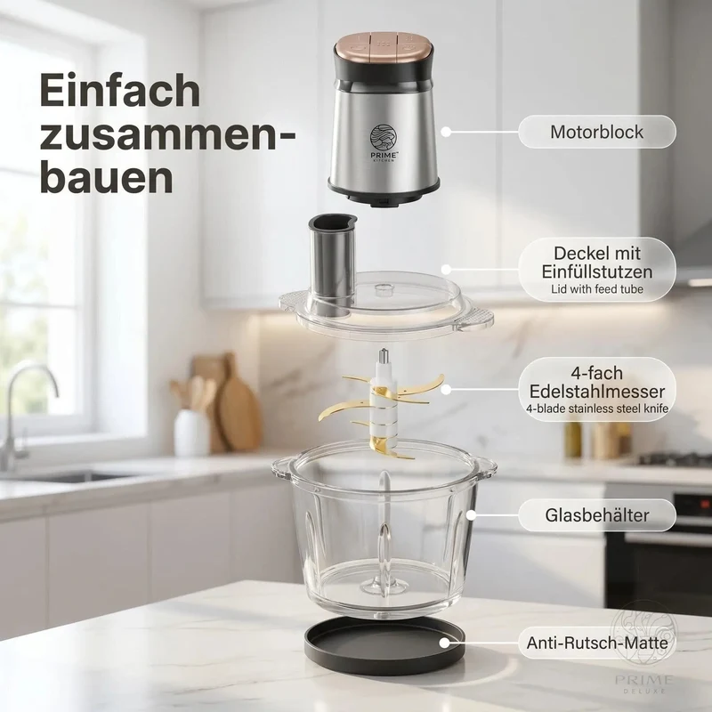 Prime Kitchen Multifunktions-Zerkleinerer aus Glas – Elektrischer Küchenzerkleinerer 3L / 5L mit 3 Geschwindigkeiten & Pulsfunktion