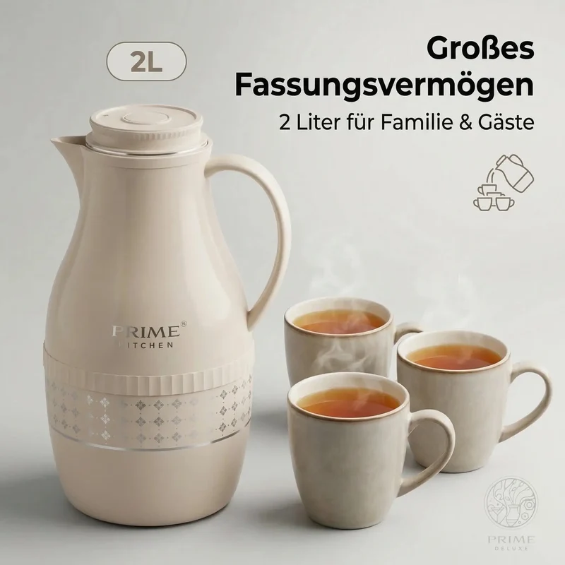 Prime Kitchen Premium Thermo Teekanne 2L – Teefilter für losen Tee, 12h heiß & 24h kalt