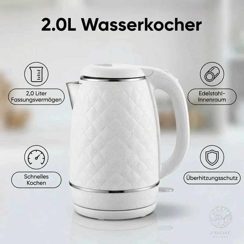 Prime Kitchen 2L Premium Wasserkocher aus Edelstahl – Schneller Wasserkocher mit Auto-Abschaltung & Überhitzungsschutz (Weiß, Braun, Schwarz)