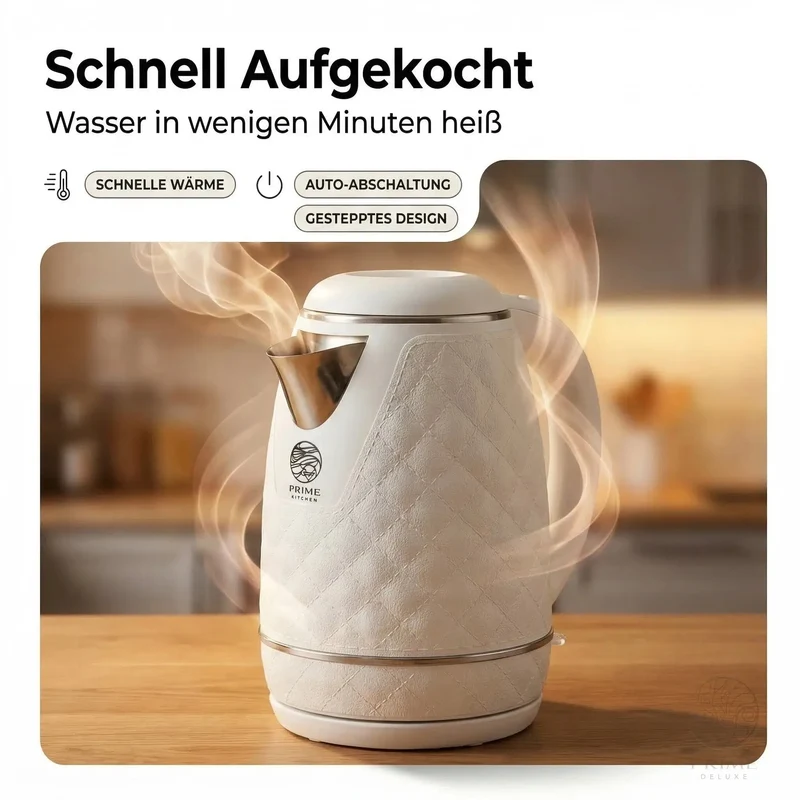 Prime Kitchen 2L Premium Wasserkocher aus Edelstahl – Schneller Wasserkocher mit Auto-Abschaltung & Überhitzungsschutz (Weiß, Braun, Schwarz)