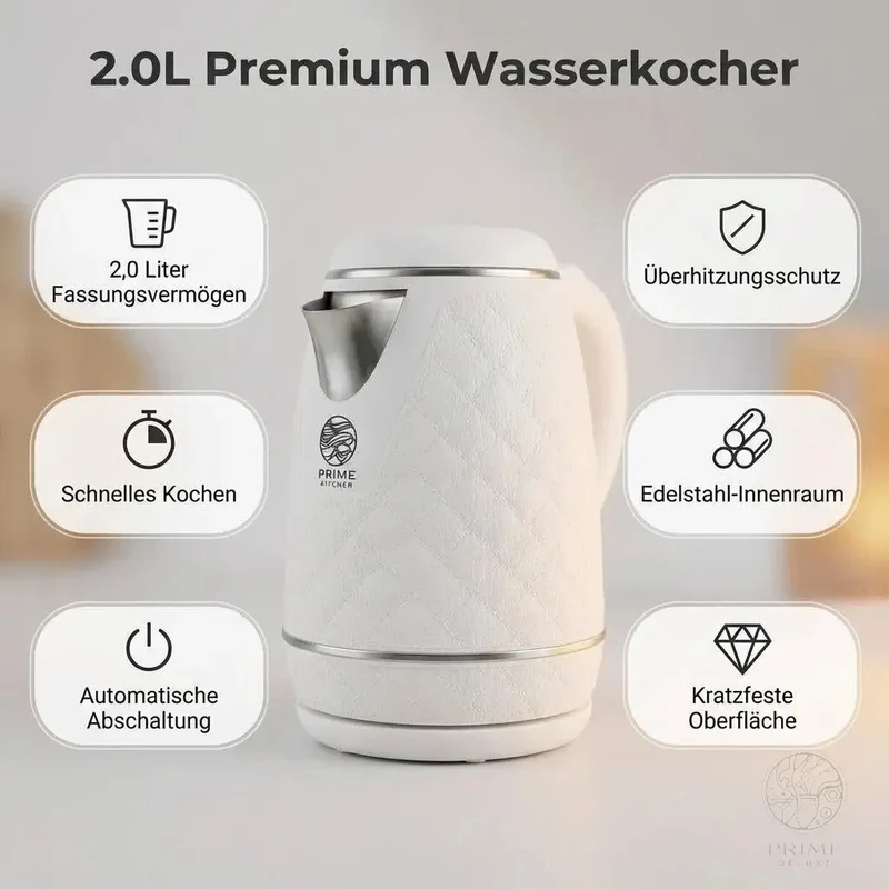 Prime Kitchen 2L Premium Wasserkocher aus Edelstahl – Schneller Wasserkocher mit Auto-Abschaltung & Überhitzungsschutz (Weiß, Braun, Schwarz)