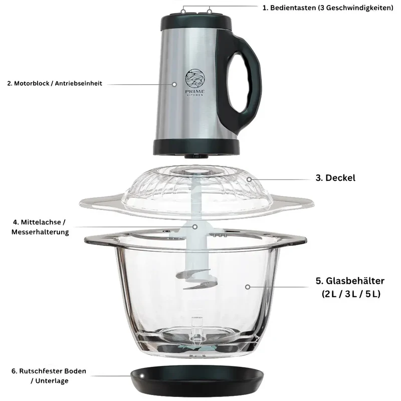 Prime Kitchen Elektrischer Zerkleinerer – 2L, 3L, 5L Glasbehälter – Edelstahlklingen & 3 Stufen für Gemüse, Fleisch, Nüsse & Eis