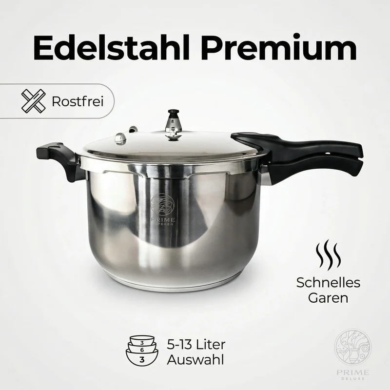 Prime Kitchen Schnellkochtopf aus Edelstahl – 5L–13L | Induktion & Gas geeignet