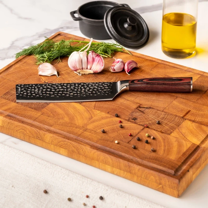 Shinrai Knives – 4-teiliges Messerset aus gehämmertem Edelstahl – Kochmesser + Brotmesser + Nakiri + Schälmesser