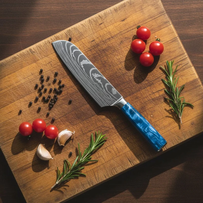 Shinrai Knives – 5-teiliges Messerset mit Damaszener-Print und Epoxid-Saphir – Kochmesser + Brotmesser + Nakiri + kleines Santoku + Schälmesser