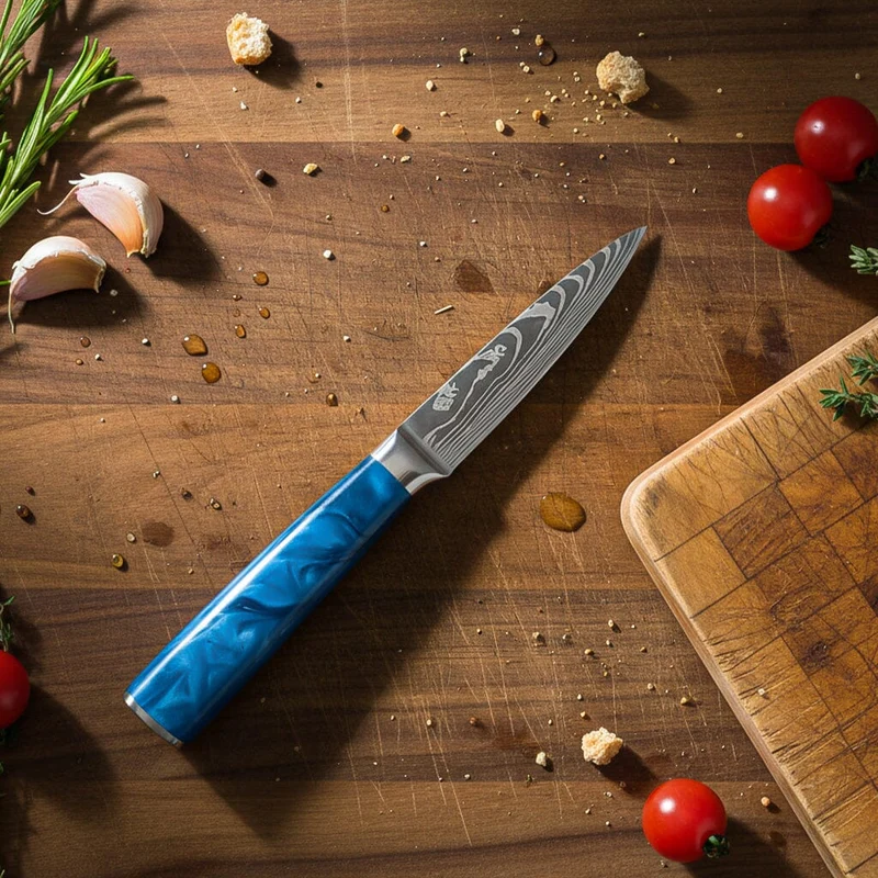 Shinrai Knives – 5-teiliges Messerset mit Damaszener-Print und Epoxid-Saphir – Kochmesser + Brotmesser + Nakiri + kleines Santoku + Schälmesser