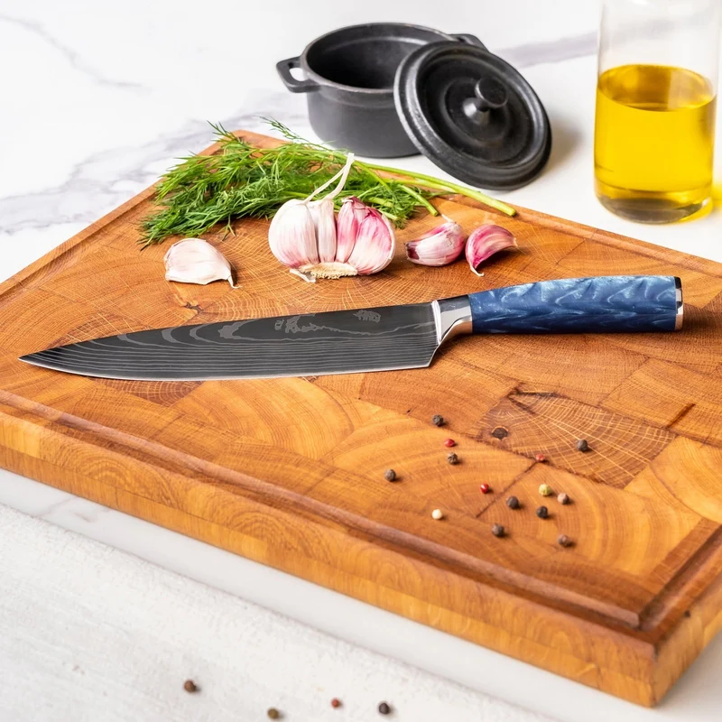 Shinrai Knives – Damascus Print Epoxy Saphir 5-teiliges Messerset – Kochmesser + Brotmesser + Nakiri + Santoku + Schälmesser