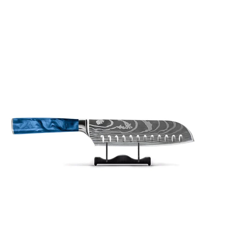 Shinrai Knives - Damascus Print Epoxy Saphir 2-teiliges Messerset - Santoku + Schälmesser