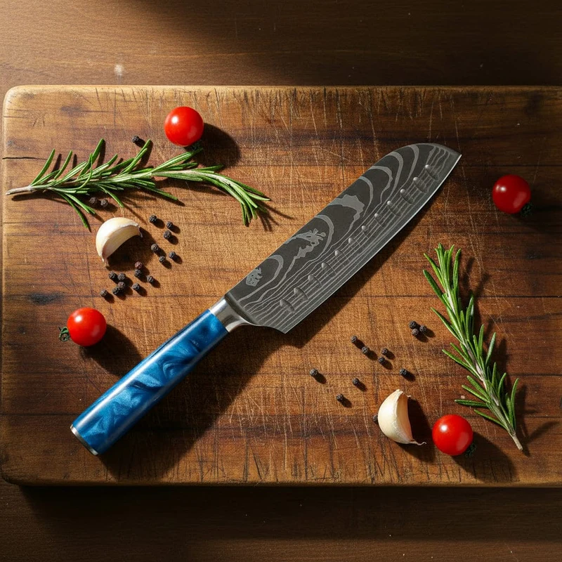 Shinrai Knives - Damascus Print Epoxy Saphir 2-teiliges Messerset - Santoku + Schälmesser