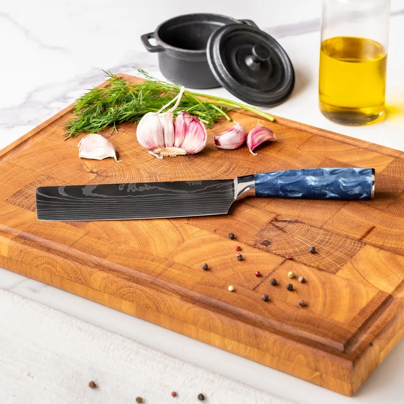 Shinrai Knives – 3-teiliges Messerset mit Damaszener-Print und Epoxid-Saphir – Kochmesser + Nakiri + Schälmesser