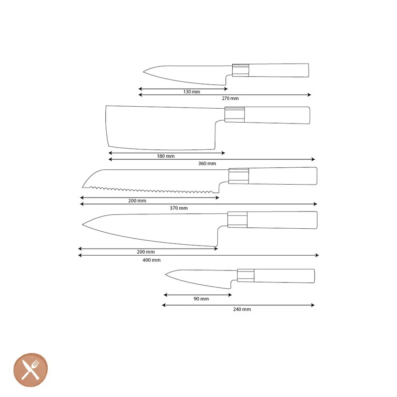 Shinrai Knives – Kurayami 5-teiliges Damastmesser-Set – Kochmesser + Brotmesser + Nakiri + Büromesser + Schälmesser