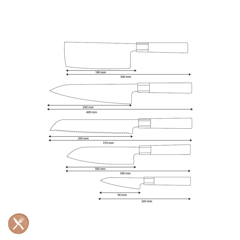 Shinrai Knives – Kurayami 5-teiliges Damastmesser-Set – Kochmesser + Brotmesser + Nakiri + Santoku + Schälmesser