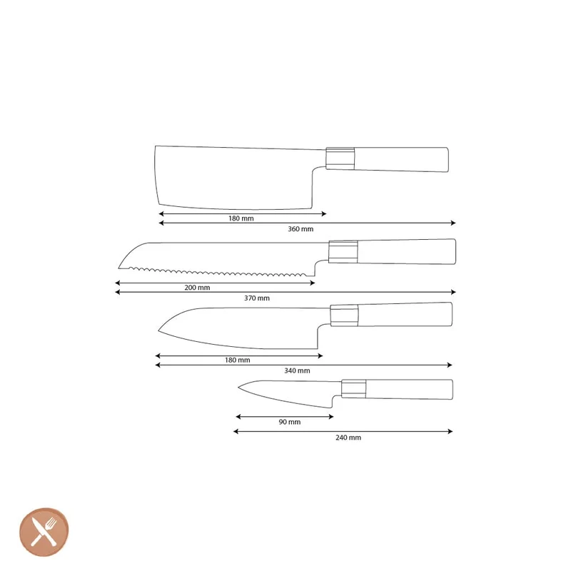Shinrai Knives – Kurayami 4-teiliges Damastmesser-Set – Santoku + Brotmesser + Nakiri + Schälmesser
