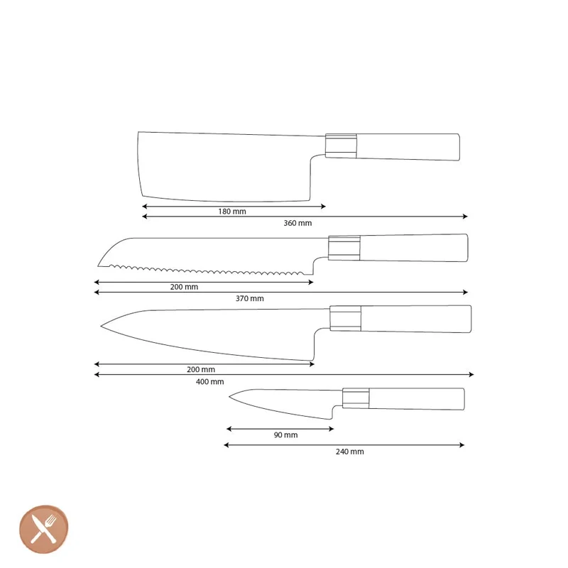 Shinrai Knives – Kurayami 4-teiliges Damastmesser-Set – Kochmesser + Brotmesser + Nakiri + Schälmesser