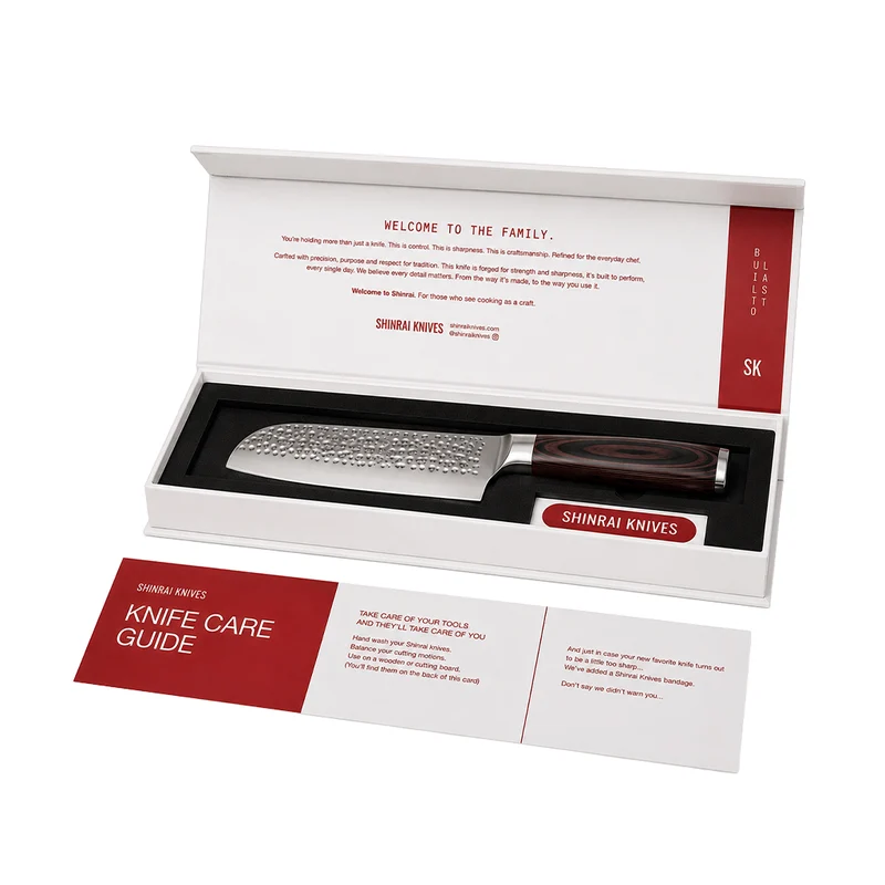 Shinrai Knives – 5-teiliges Messerset aus gehämmertem Edelstahl – Kochmesser + Brotmesser + Nakiri + kleines Santoku + Schälmesser