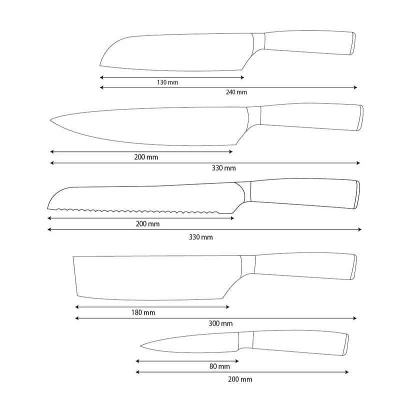 Shinrai Knives – 5-teiliges Messerset aus gehämmertem Edelstahl – Kochmesser + Brotmesser + Nakiri + kleines Santoku + Schälmesser
