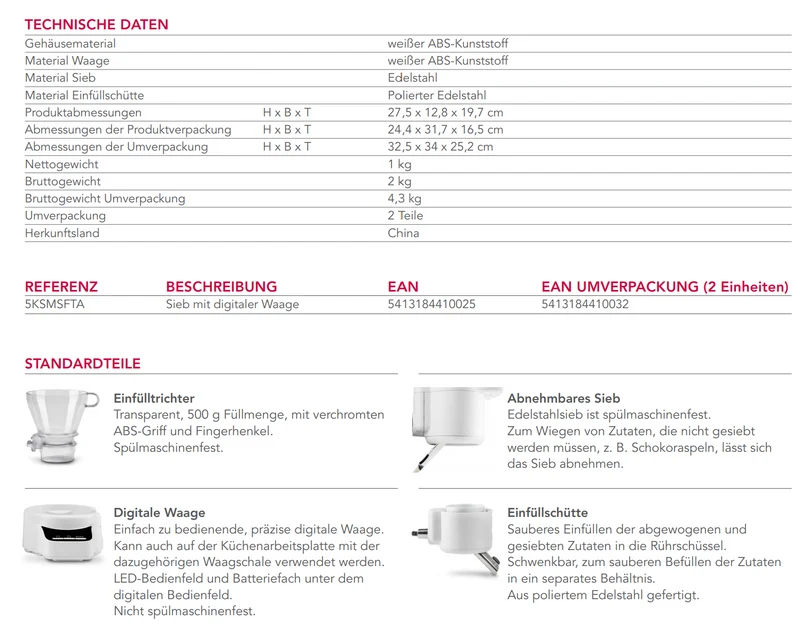Kitchenaid Sieb mit digitaler Waage 5KSMSFTA