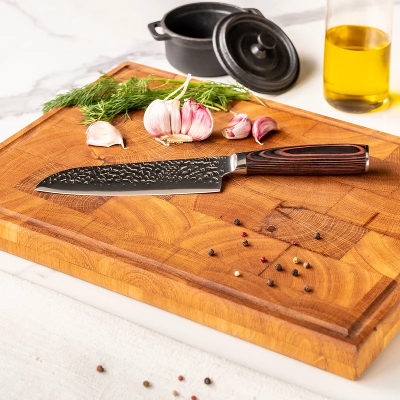 Shinrai Knives – 5-teiliges Messerset aus gehämmertem Edelstahl – Kochmesser + Brotmesser + Nakiri + Santoku + Schälmesser