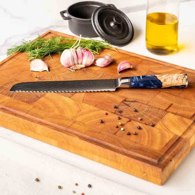 Shinrai Knives - Epoxy Saphir 2-teiliges Damastmesser-Set - Kochmesser + Brotmesser