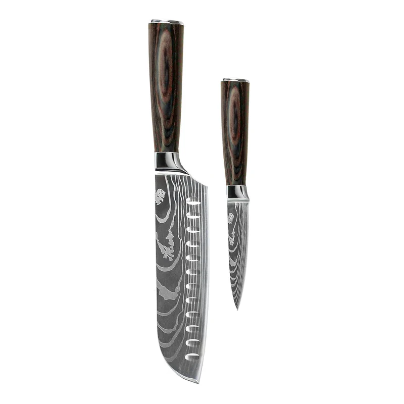 Shinrai Knives – 2-teiliges Messerset mit Damaszener-Print – Santoku + Schälmesser