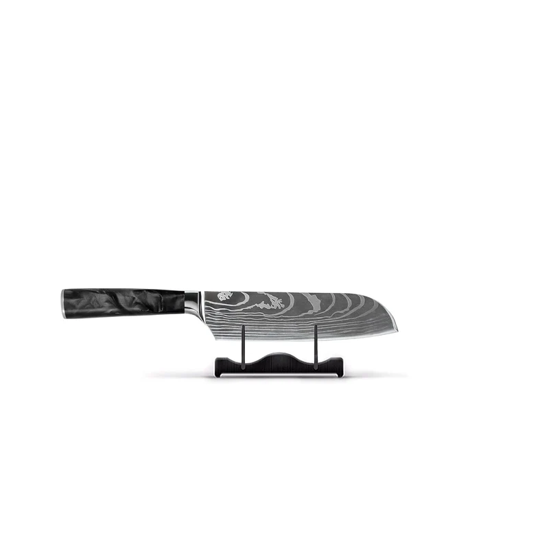 Shinrai Knives – 5-teiliges Messerset mit Damascus-Print und Epoxy-Onyx – Kochmesser + Brotmesser + Nakiri + kleines Santoku + Schälmesser