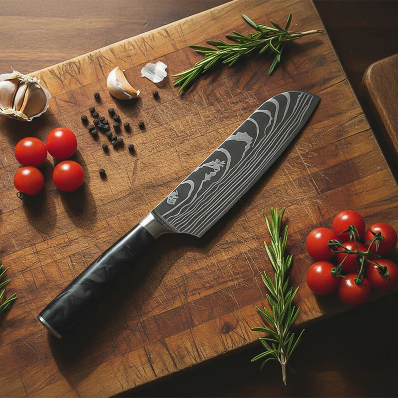 Shinrai Knives – 5-teiliges Messerset mit Damascus-Print und Epoxy-Onyx – Kochmesser + Brotmesser + Nakiri + kleines Santoku + Schälmesser