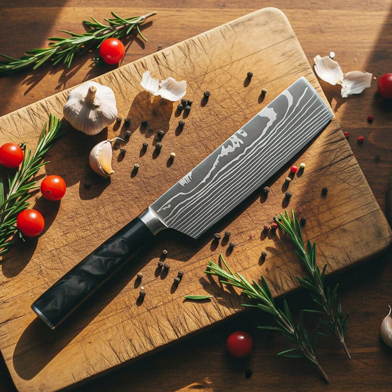 Shinrai Knives - Damascus Print Epoxy Onyx 2-teiliges Messerset - Nakiri + Schälmesser