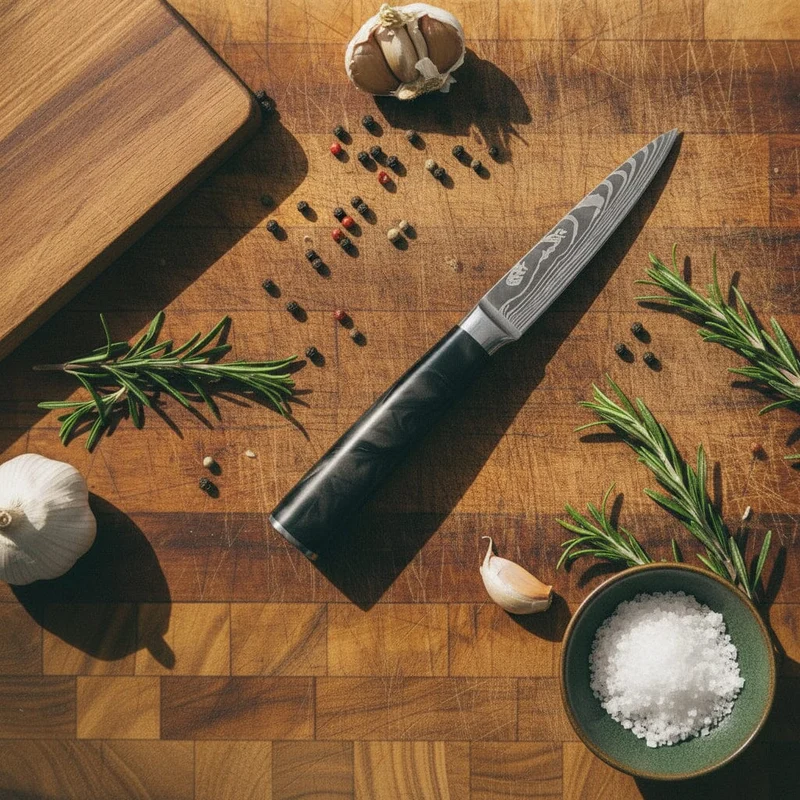 Shinrai Knives - Damascus Print Epoxy Onyx 2-teiliges Messerset - Nakiri + Schälmesser