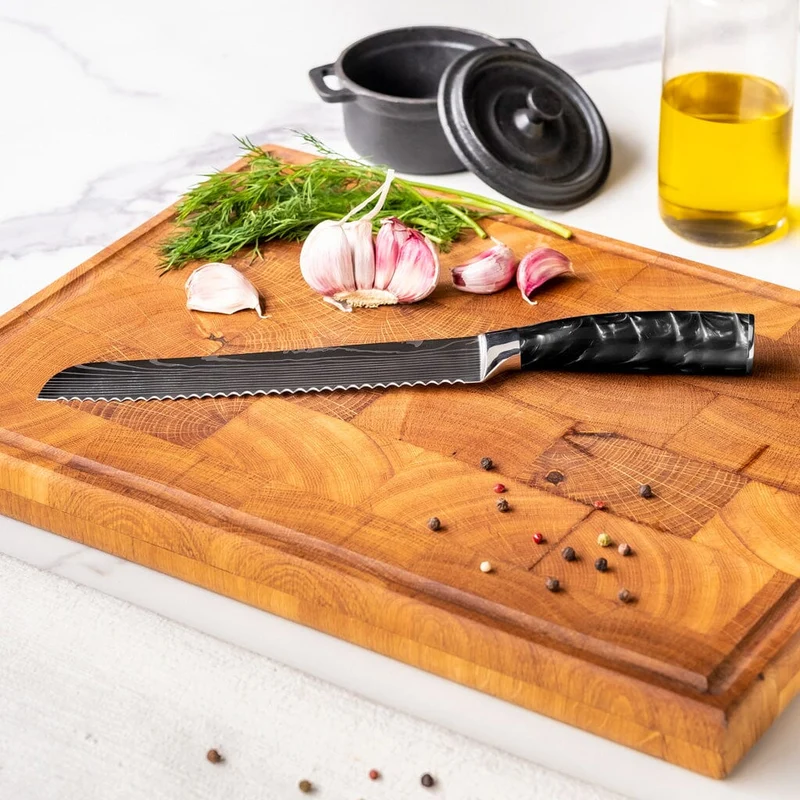 Shinrai Knives - Brotmesser mit Damascus Print Epoxy Onyx 20 cm