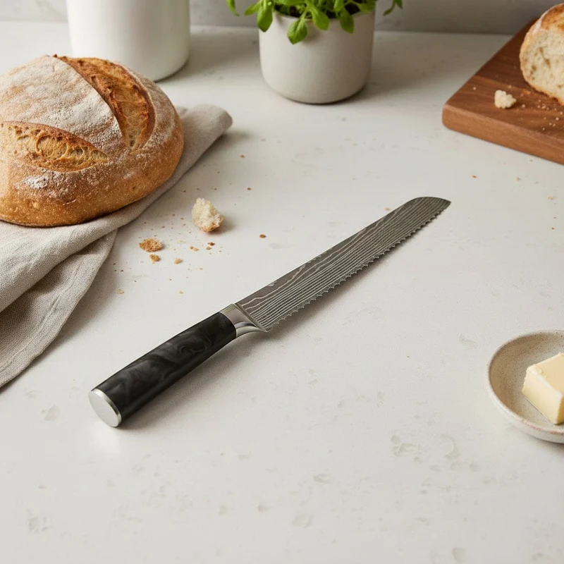 Shinrai Knives - Brotmesser mit Damascus Print Epoxy Onyx 20 cm