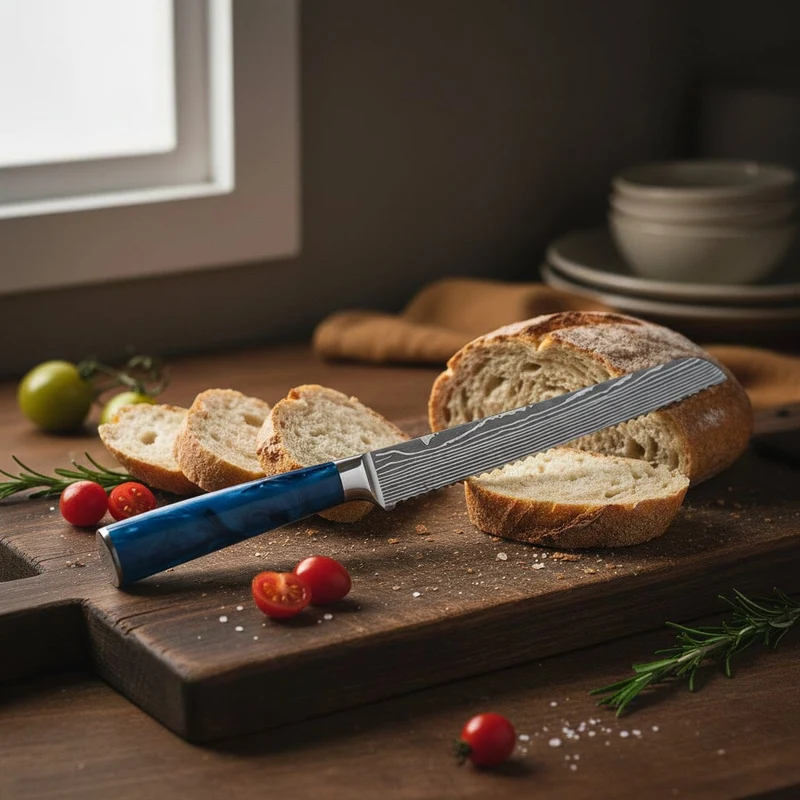 Shinrai Knives - Brotmesser mit Damaszener-Print und Epoxid-Saphir, 20 cm