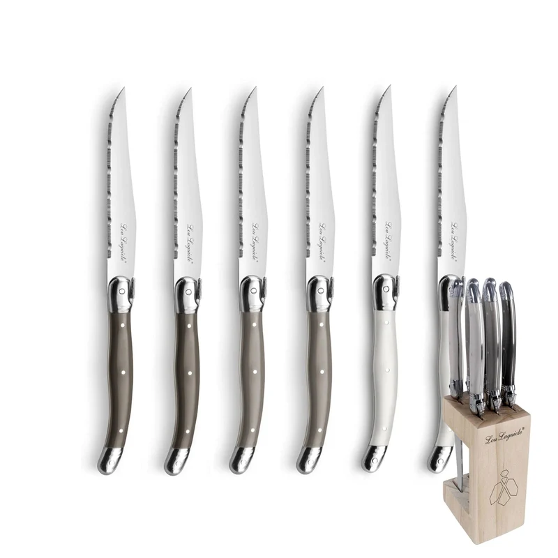 Lou Laguiole - Tradition 6 Steakmesser + Messerblock - Pfeffer/Perle/Taupe