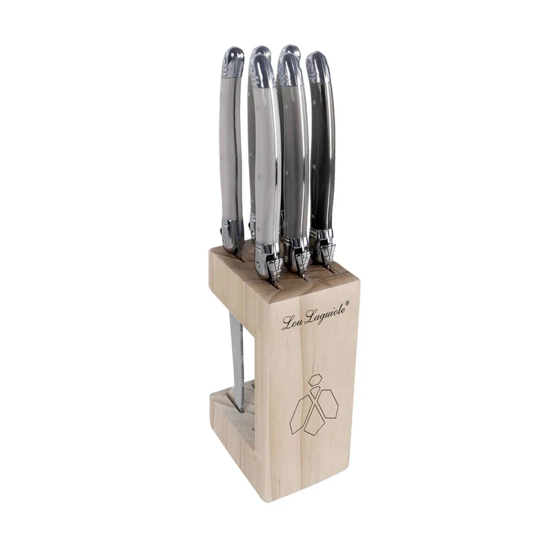 Lou Laguiole - Tradition 6 Steakmesser + Messerblock - Pfeffer/Perle/Taupe