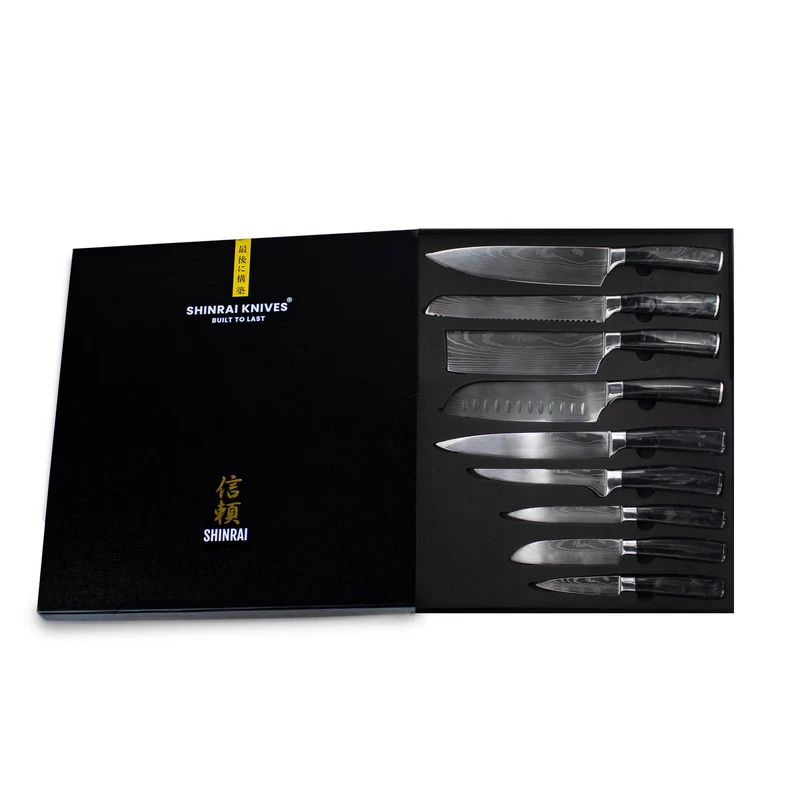 Shinrai Knives – 9-teiliges Messerset mit Damaszener-Print und Onyx-Epoxid