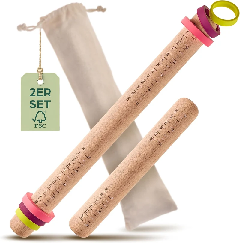 Schönes Nudelholz mit Abstandshaltern im Zweier-Set aus nachhaltigem FSC® Holz