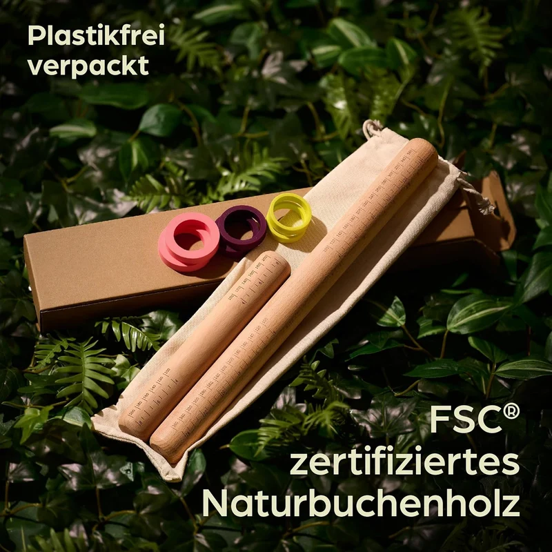 Schönes Nudelholz mit Abstandshaltern im Zweier-Set aus nachhaltigem FSC® Holz
