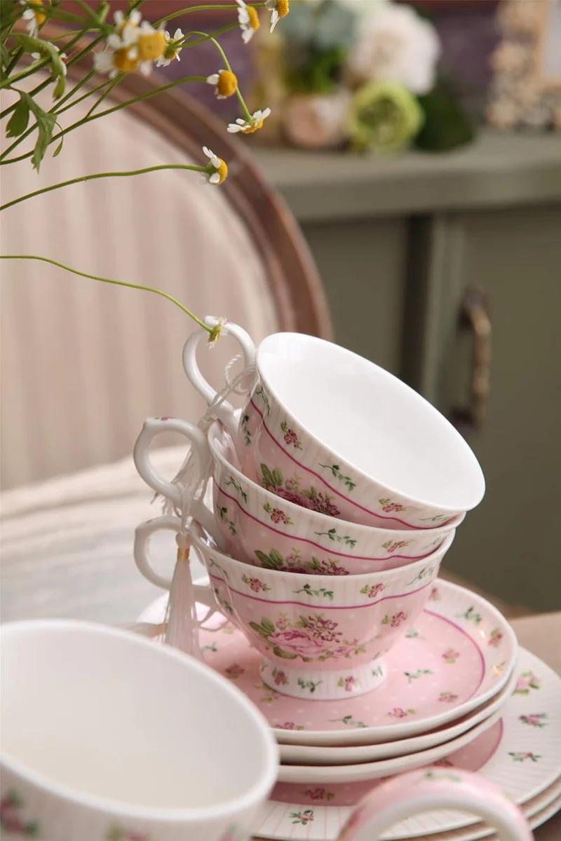 Kaffeetasse Und Untertasse, Shabby Chic, Vintage, Porzellan, Vogel Schmetterling, Flora, Geschenk-Box (Rose Pink)