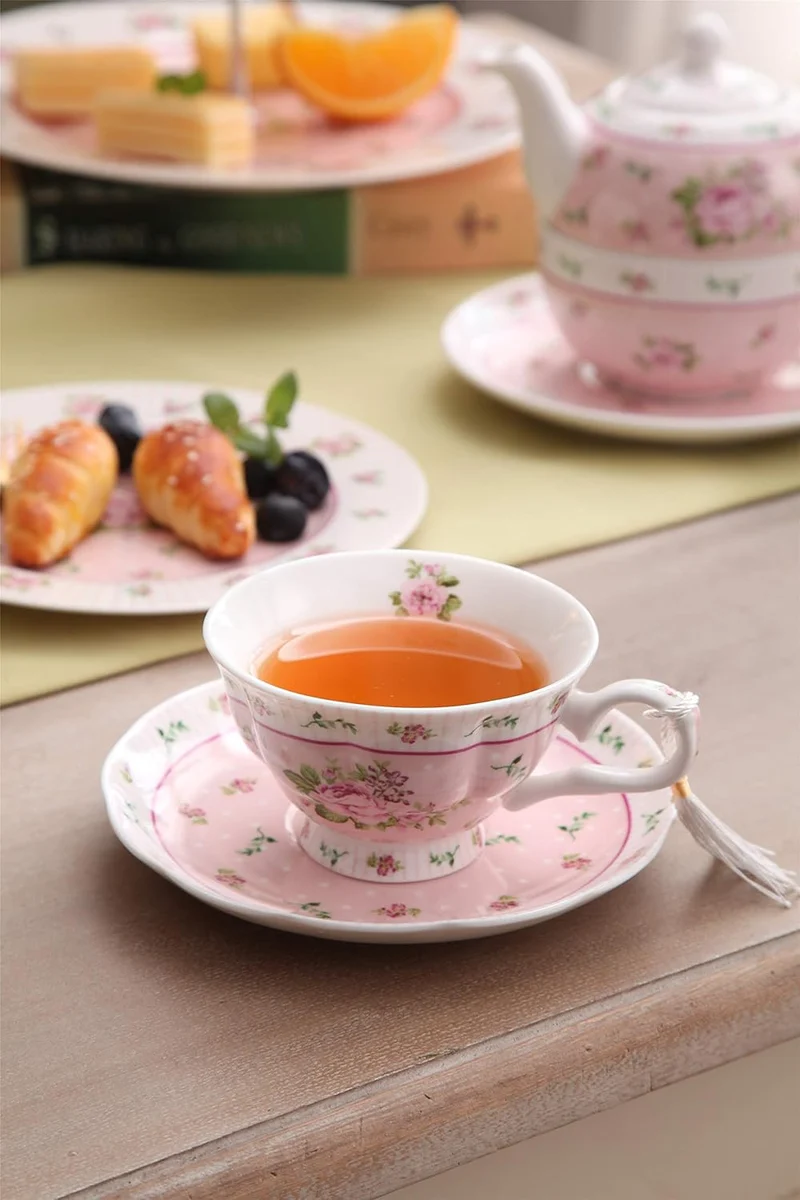 Kaffeetasse Und Untertasse, Shabby Chic, Vintage, Porzellan, Vogel Schmetterling, Flora, Geschenk-Box (Rose Pink)